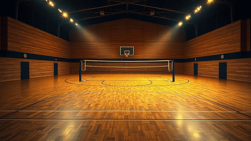 Empty gymnasium court at night